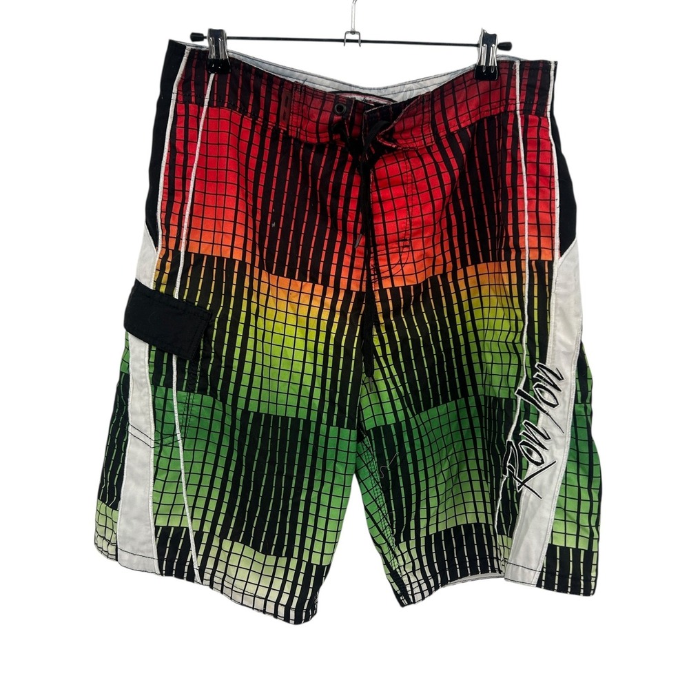 Y2K Ron Jon Board Shorts Size 30 (S) Red Green Graphic Surf Skate Retro‎ Swim